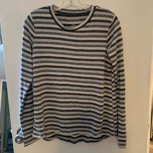 Grey and White Striped Plush Long Sleeve Shirt